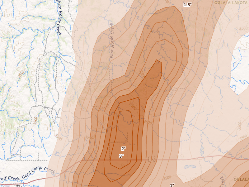 Radar-estimated hail-size map of the storm over Wounded Knee, SD on Jun 28, 2026