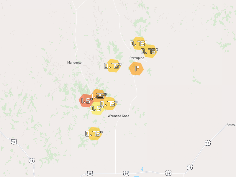 Hail map of Wounded Knee, SD on Jun 28, 2026, hail up to 1.5"