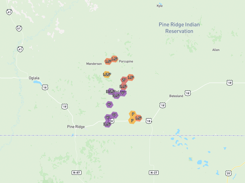Hail map of Wounded Knee, SD on Jun 29, 2026, hail up to 4"