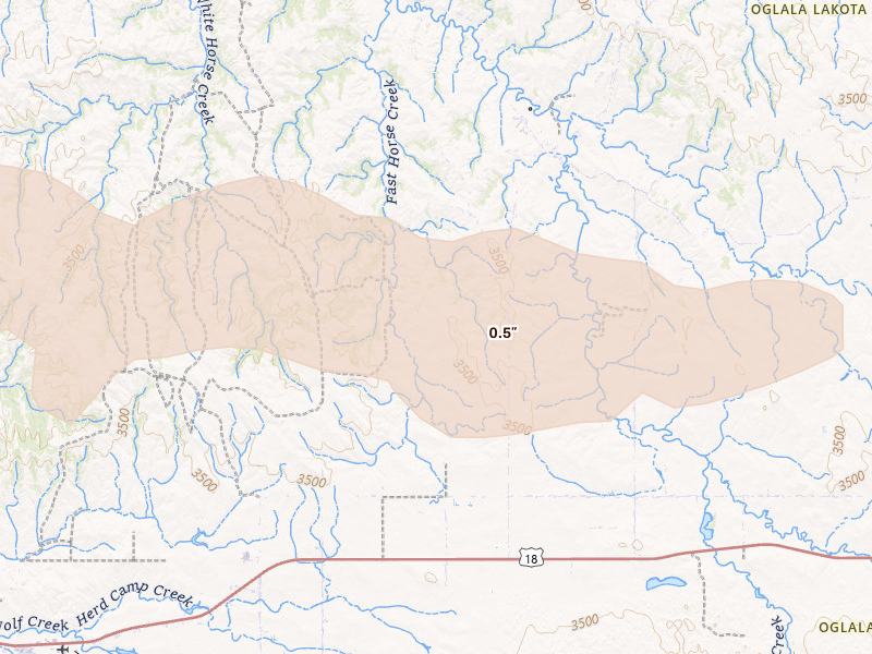 Radar-estimated hail-size map of the storm over Wounded Knee, SD on Jul 3, 2026