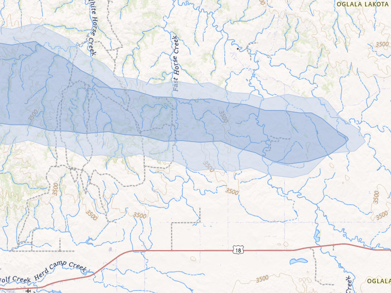 NEXRAD radar-signature map of the hail storm over Wounded Knee, SD on Jul 3, 2026
