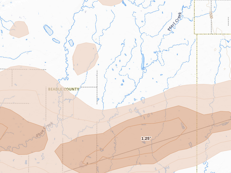 Radar-estimated hail-size map of the storm over Yale, SD on Jun 4, 2026