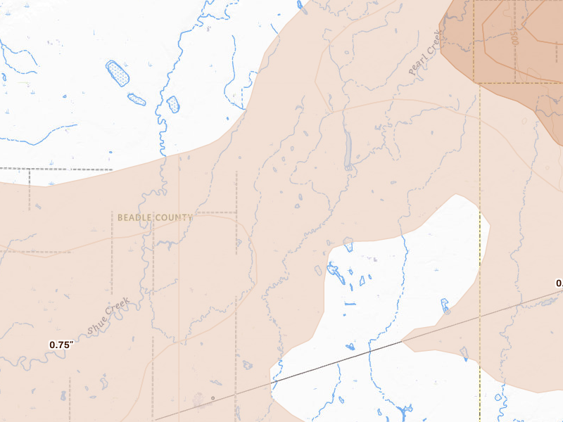 Radar-estimated hail-size map of the storm over Yale, SD on Jul 2, 2026
