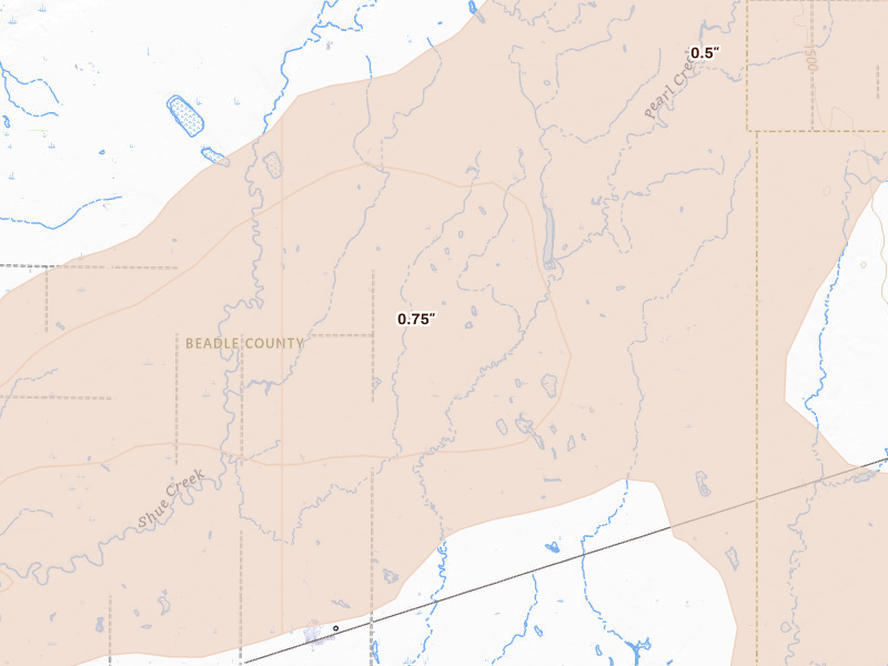 Radar-estimated hail-size map of the storm over Yale, SD on Aug 28, 2026