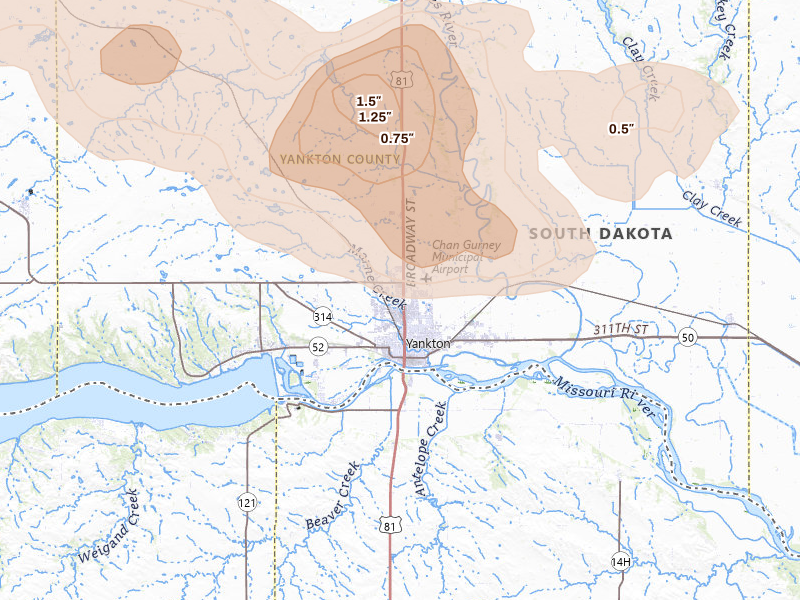 Radar-estimated hail-size map of the storm over Yankton, SD on May 24, 2026
