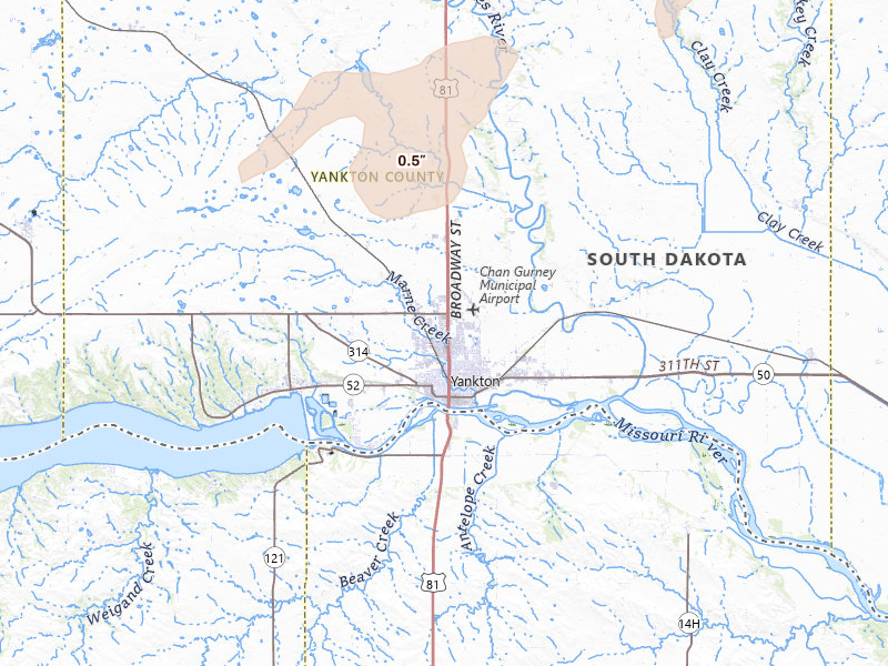 Radar-estimated hail-size map of the storm over Yankton, SD on Jun 27, 2026