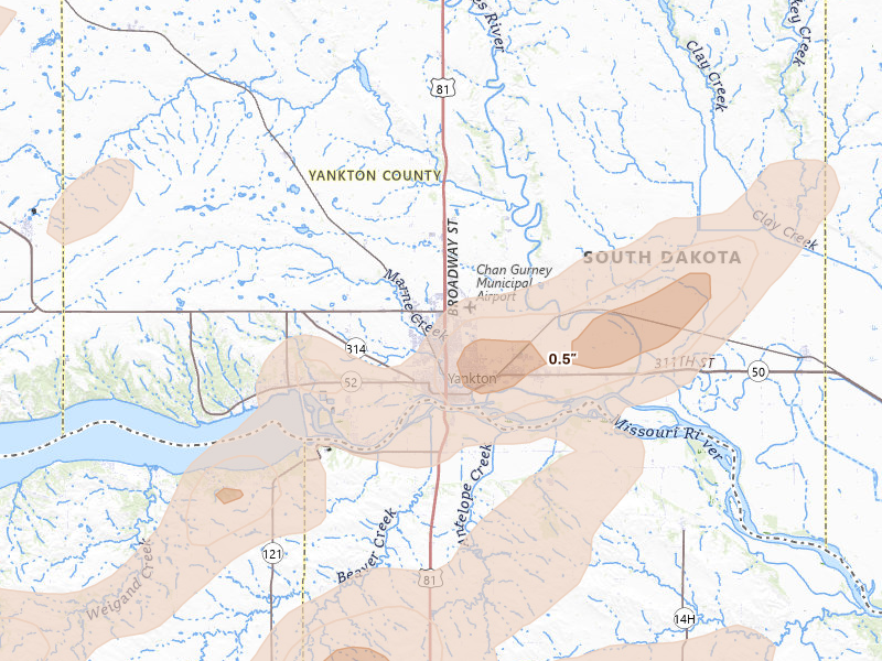 Radar-estimated hail-size map of the storm over Yankton, SD on Jun 29, 2026