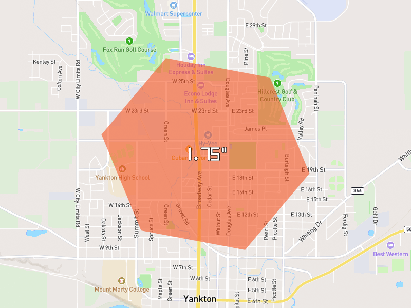 Hail map of Yankton, SD on Jun 30, 2026, hail up to 1.75"