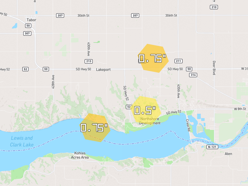 Hail map of Yankton, SD on Jul 1, 2026, hail up to 0.75"