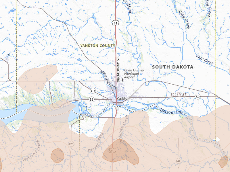 Radar-estimated hail-size map of the storm over Yankton, SD on Jul 2, 2026