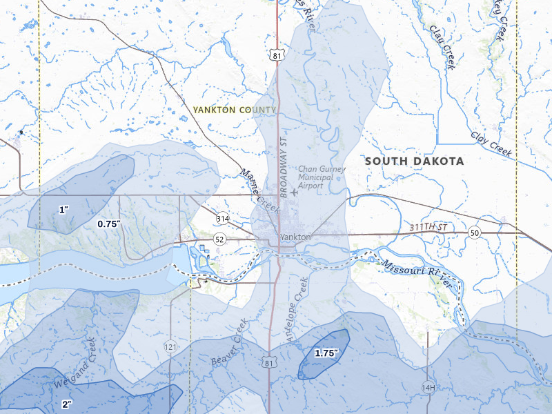 NEXRAD radar-signature map of the hail over Yankton, SD