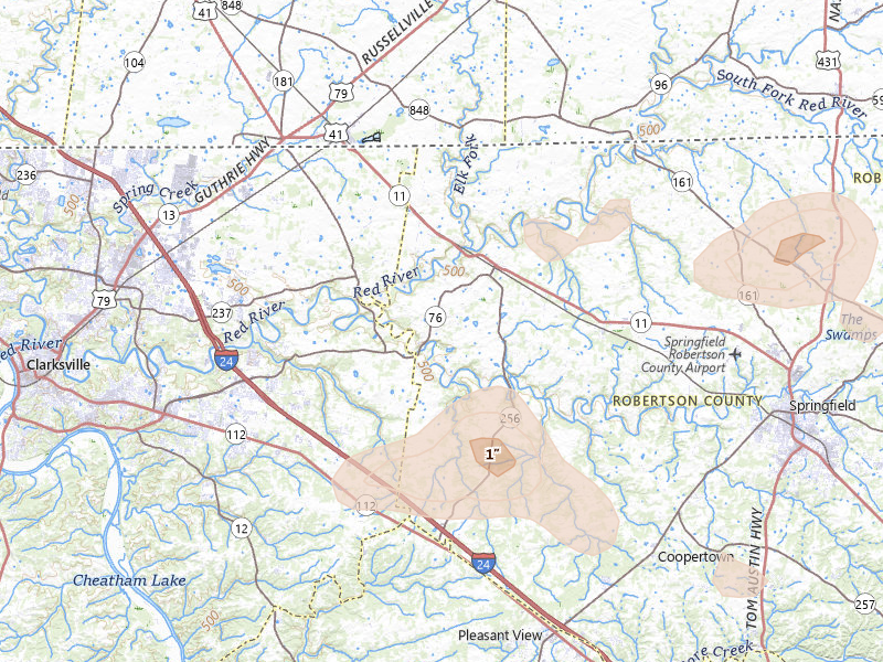 Radar-estimated hail-size map of the storm over Adams, TN on Jun 9, 2026