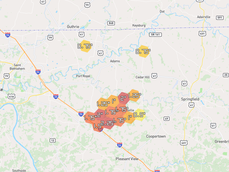 Hail map of Adams, TN on Jun 9, 2026, hail up to 2.25"