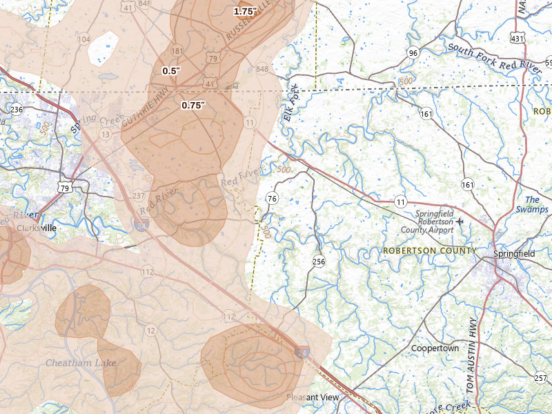Radar-estimated hail-size map of the storm over Adams, TN on Jul 2, 2026