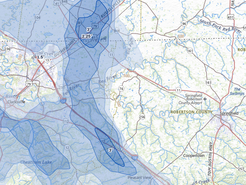 NEXRAD radar-signature map of the hail over Adams, TN