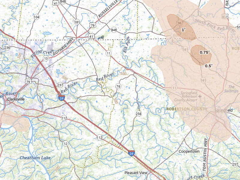 Radar-estimated hail-size map of the storm over Adams, TN on Jul 21, 2026