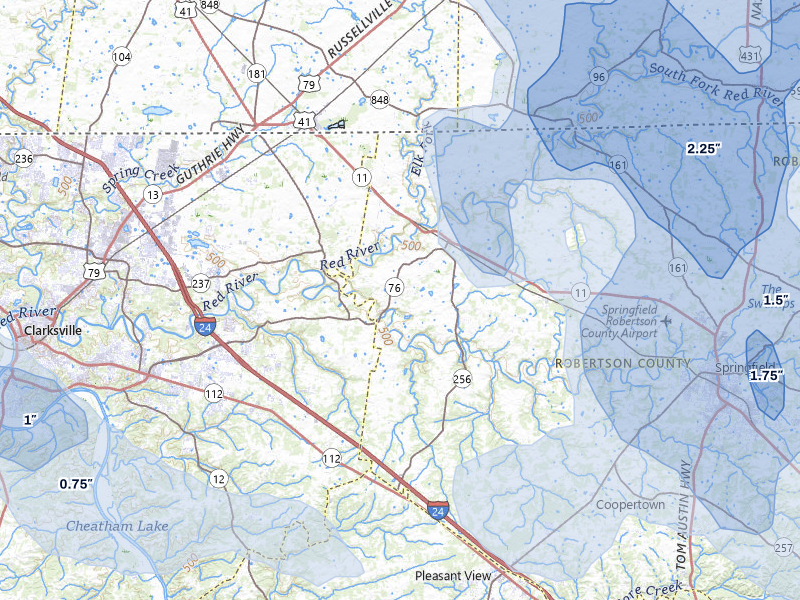 NEXRAD radar-signature map of the hail over Adams, TN