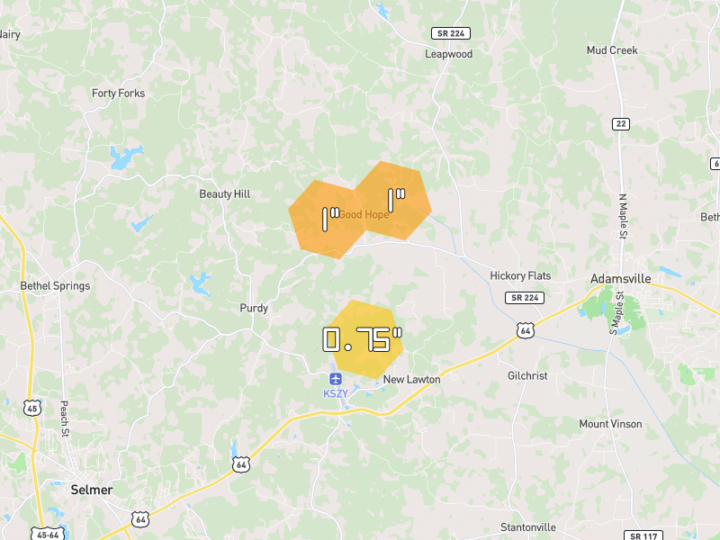 Hail map of Adamsville, TN on Jul 1, 2026, hail up to 1"