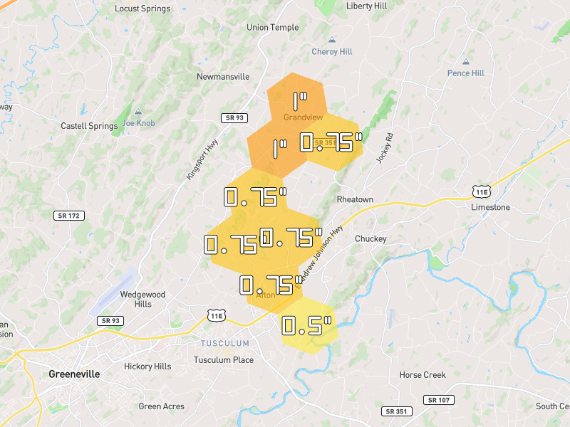 Hail map of Afton, TN on Jun 30, 2026, hail up to 1"