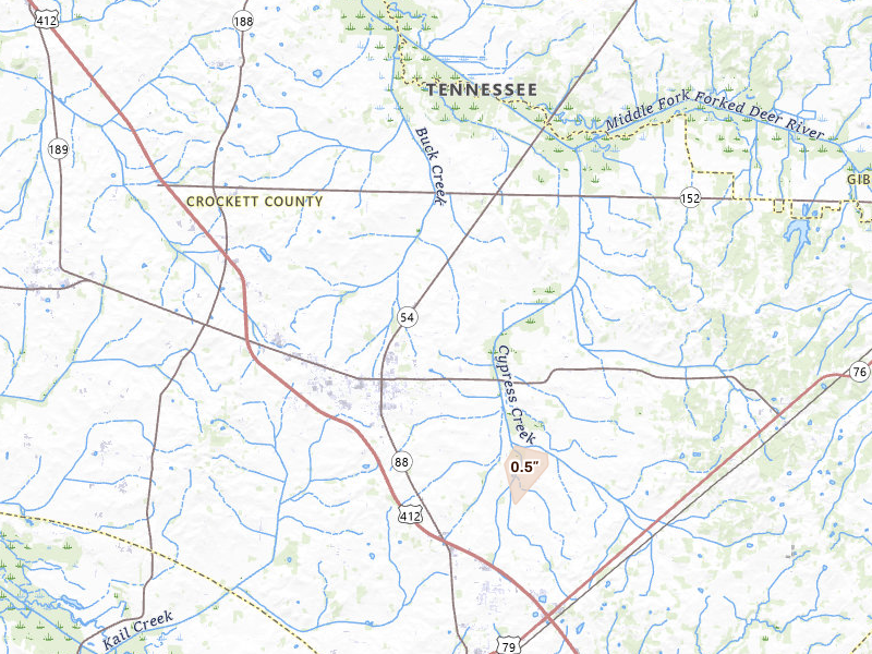 Radar-estimated hail-size map of the storm over Alamo, TN on May 29, 2026