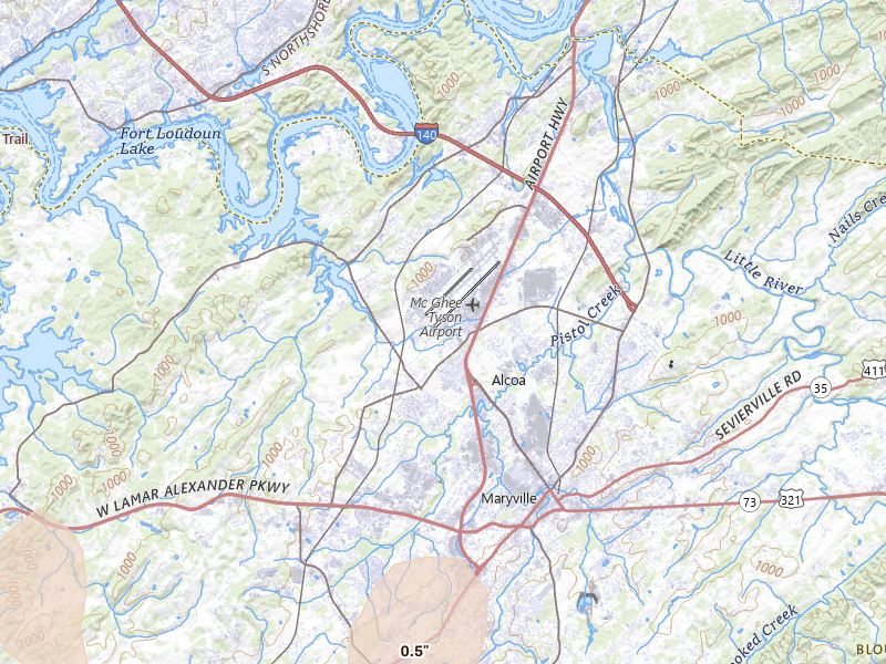 Radar-estimated hail-size map of the storm over Alcoa, TN on Jul 28, 2026