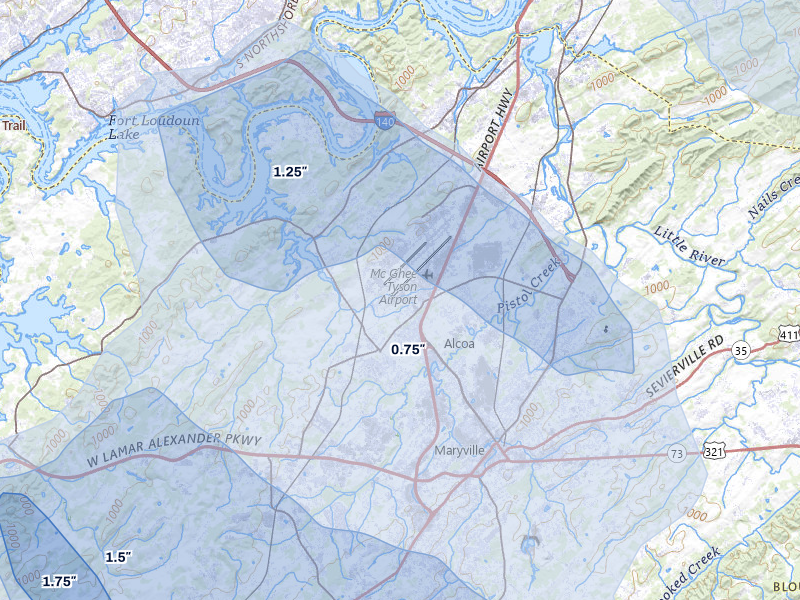NEXRAD radar-signature map of the hail storm over Alcoa, TN on Jul 28, 2026