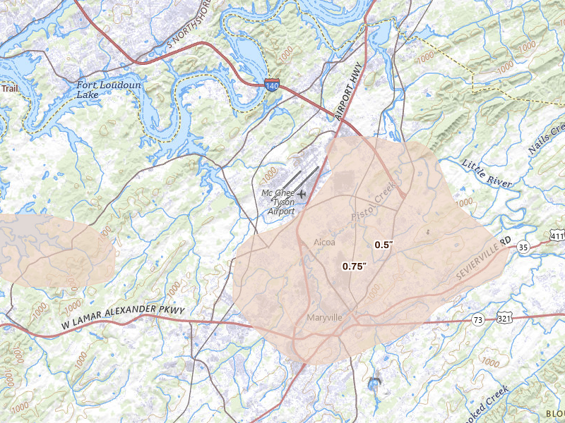 Radar-estimated hail-size map of the storm over Alcoa, TN on Aug 17, 2026