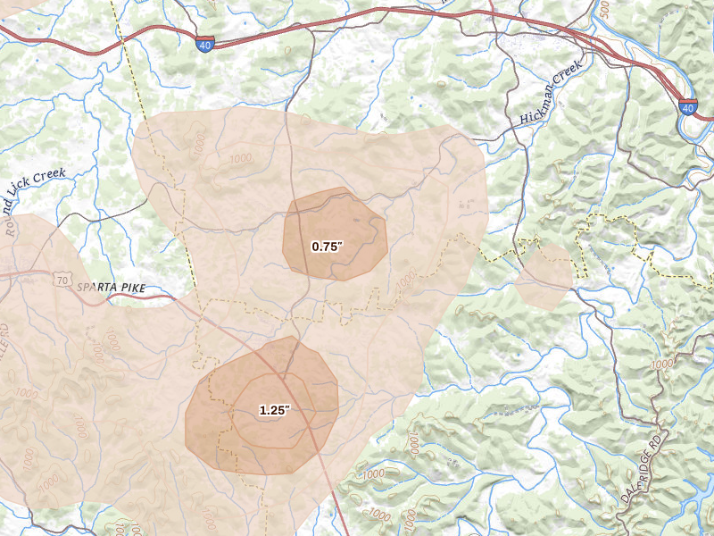 Radar-estimated hail-size map of the storm over Alexandria, TN on Jul 3, 2026