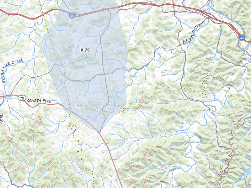 NEXRAD radar-signature map of the hail over Alexandria, TN