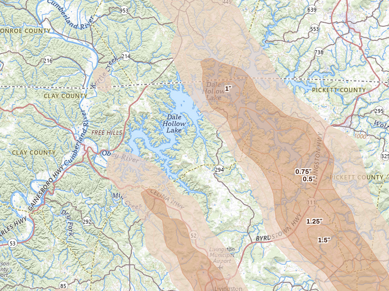 Radar-estimated hail-size map of the storm over Allons, TN on Aug 22, 2026
