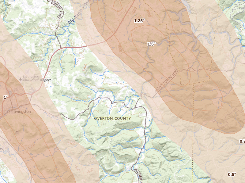 Radar-estimated hail-size map of the storm over Alpine, TN on Aug 22, 2026