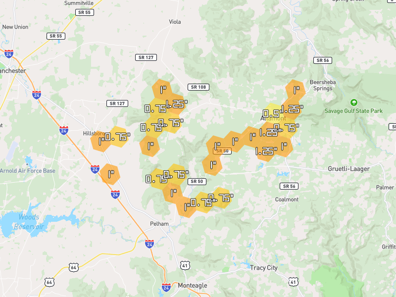 Hail map of Altamont, TN on Jul 3, 2026, hail up to 1.25"