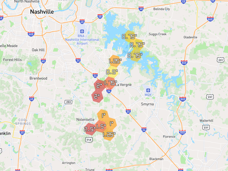 Hail map of Antioch, TN on Jul 3, 2026, hail up to 2.5"