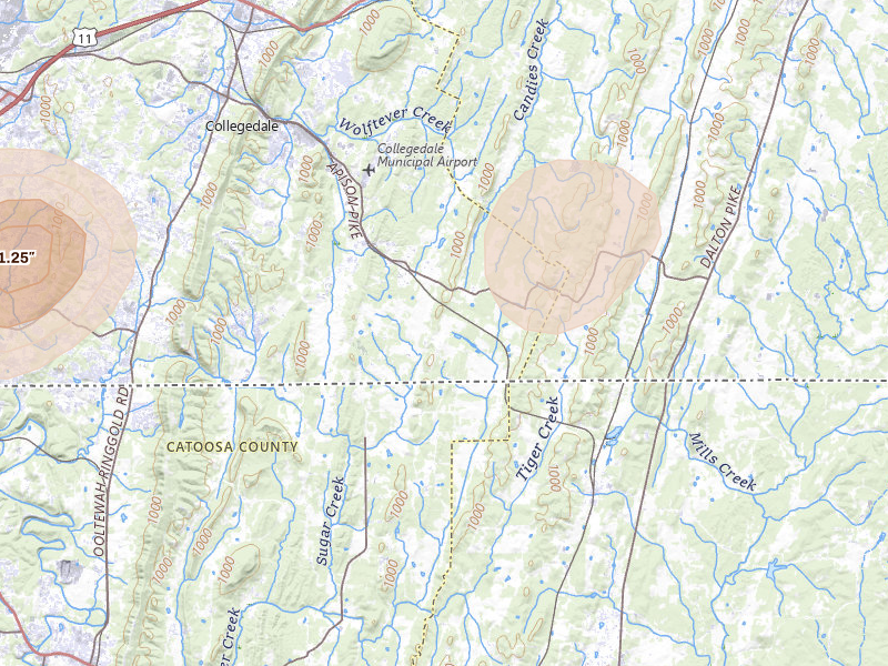 Radar-estimated hail-size map of the storm over Apison, TN on Jul 3, 2026