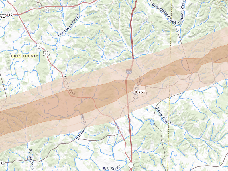 Radar-estimated hail-size map of the storm over Ardmore, TN on Feb 26, 2026