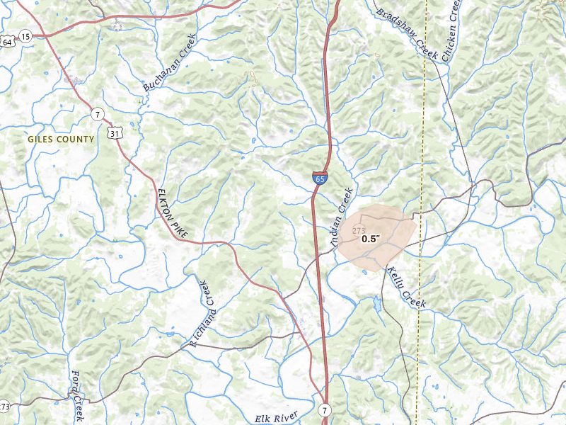 Radar-estimated hail-size map of the storm over Ardmore, TN on May 20, 2026