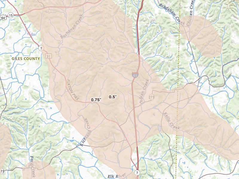 Radar-estimated hail-size map of the storm over Ardmore, TN on Jun 1, 2026