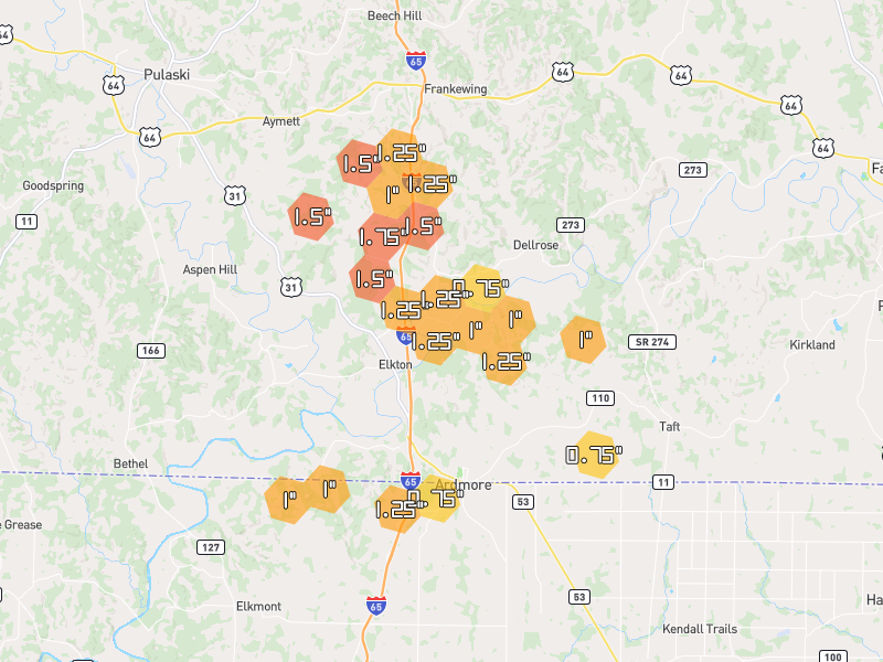 Hail map of Ardmore, TN on Jun 1, 2026, hail up to 1.75"
