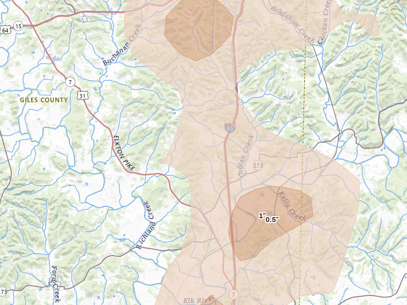 Radar-estimated hail-size map of the storm over Ardmore, TN on Jul 3, 2026