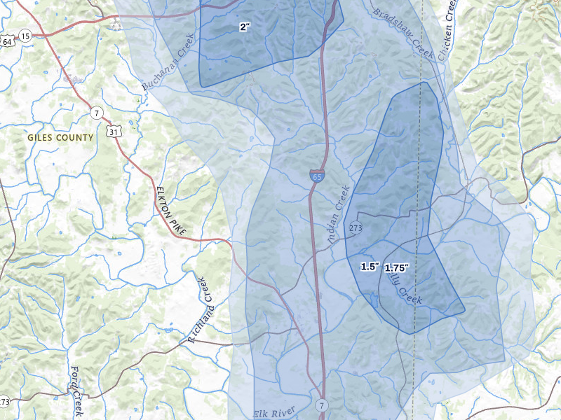 NEXRAD radar-signature map of the hail storm over Ardmore, TN on Jul 3, 2026