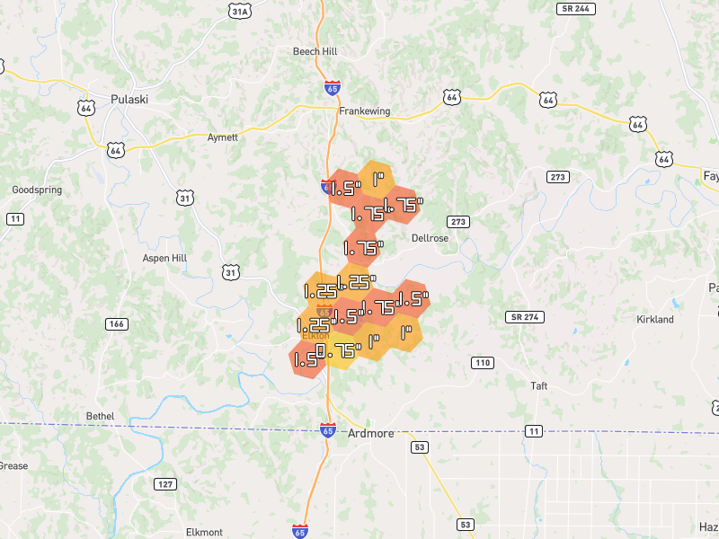 Hail map of Ardmore, TN on Jul 3, 2026, hail up to 1.75"