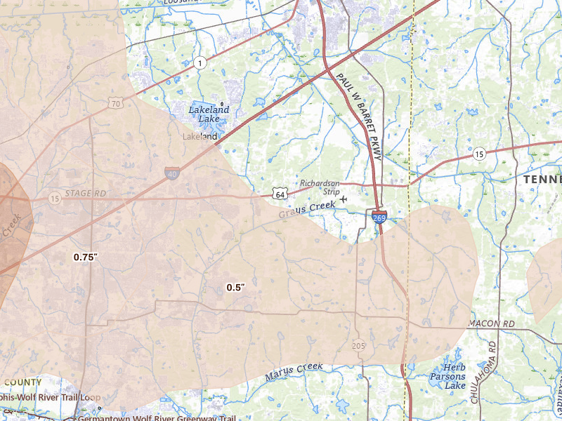 Radar-estimated hail-size map of the storm over Arlington, TN on Apr 27, 2026