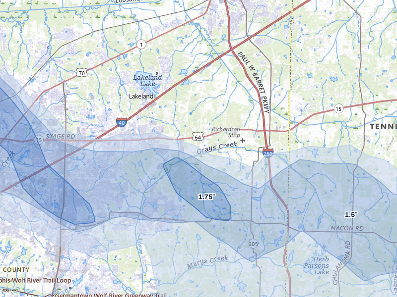 NEXRAD radar-signature map of the hail over Arlington, TN