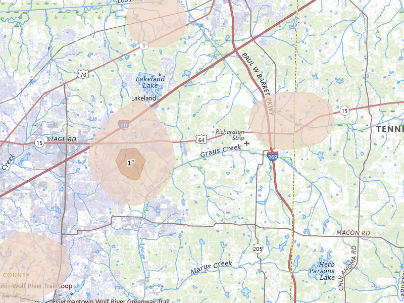 Radar-estimated hail-size map of the storm over Arlington, TN on Jul 4, 2026