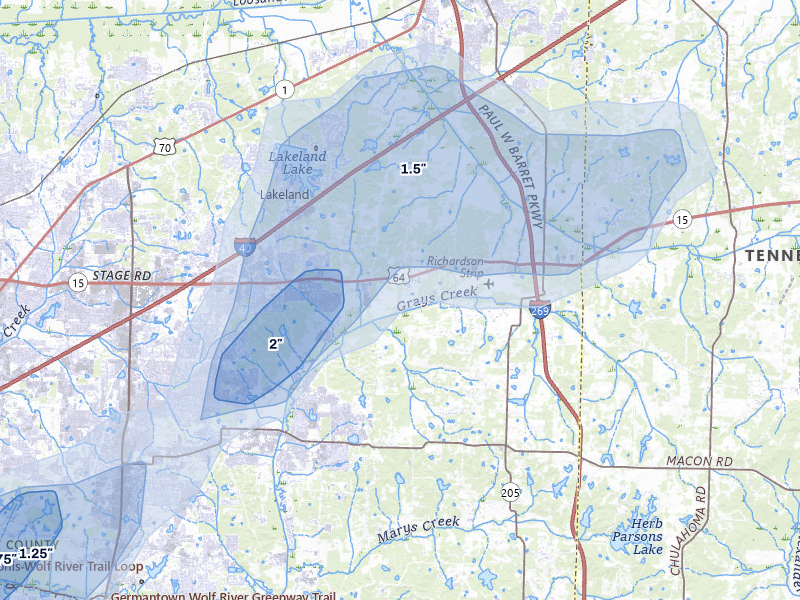 NEXRAD radar-signature map of the hail over Arlington, TN