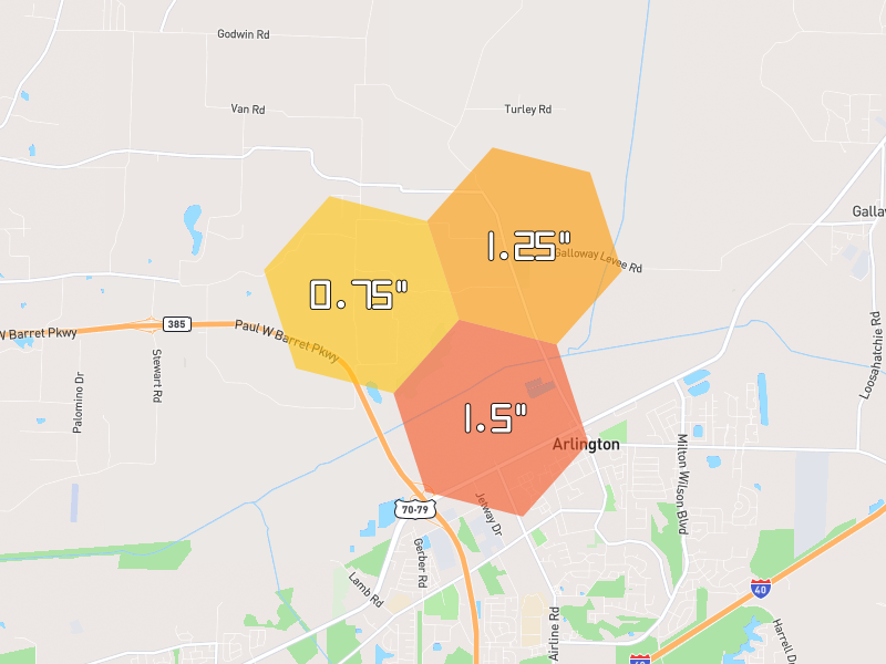 Hail map of Arlington, TN on Jul 11, 2026, hail up to 1.5"