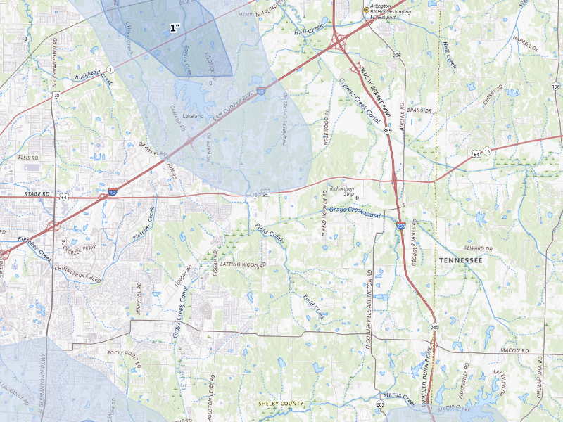 NEXRAD radar-signature map of the hail storm over Arlington, TN on Aug 22, 2026