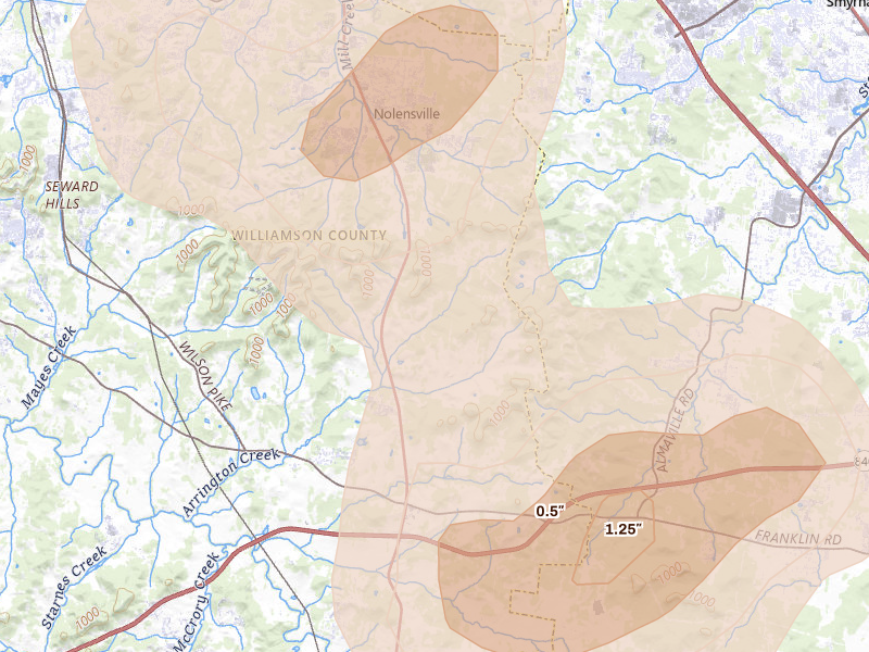 Radar-estimated hail-size map of the storm over Arrington, TN on Jul 2, 2026