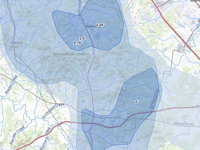 NEXRAD radar-signature map of the hail over Arrington, TN