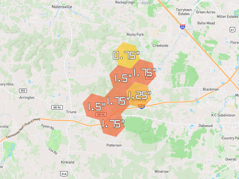 Hail map of Arrington, TN on Jul 2, 2026, hail up to 1.75"
